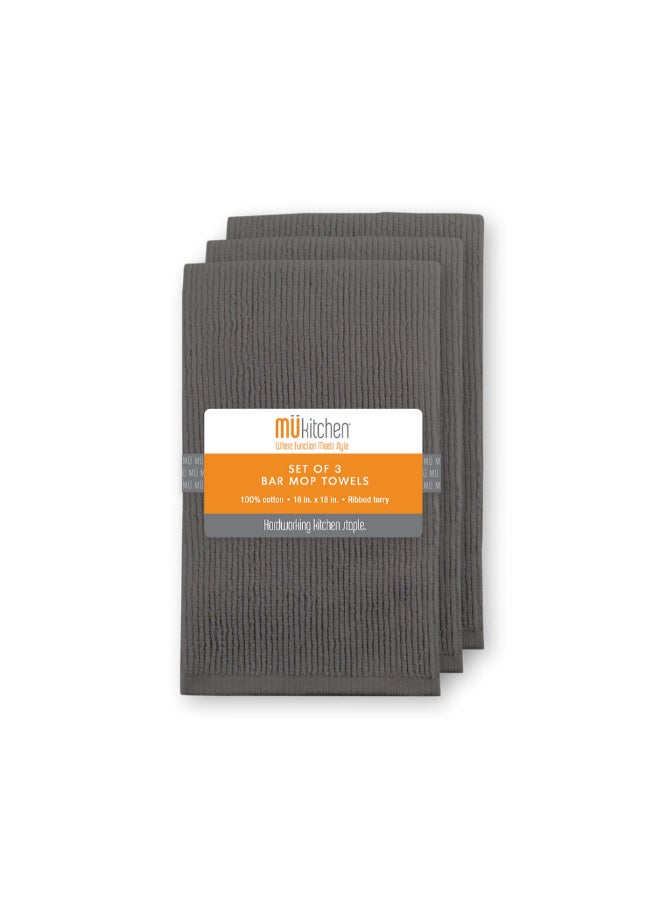 Mukitchen 3-Piece Ribbed Terry Bar Mop Towels Slate Grey 16 x 18 Inch 6620-1817 - Image 2